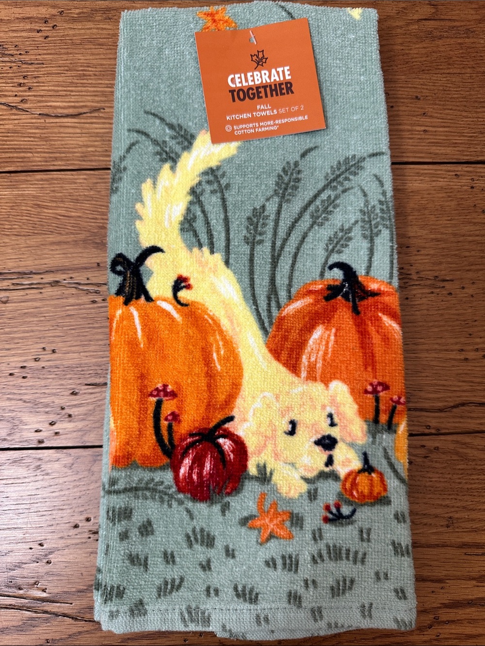 Celebrate Together Fall Kitchen Towel - Dog & Pumpkins - Green and Orange